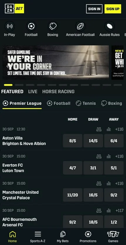 DAZN bet screenshot